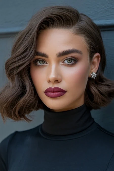 Stunning woman with wavy brown hair, bold makeup, and elegant pearl earrings, wearing a black turtleneck, posing against a blue background for beauty and skincare photography.