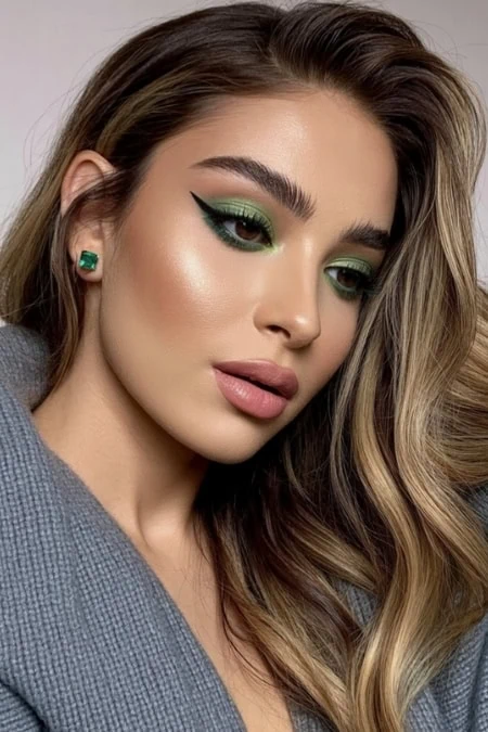 Bright and bold green makeup look with contouring, highlighting, and natural lips, perfect for a winter makeup look.