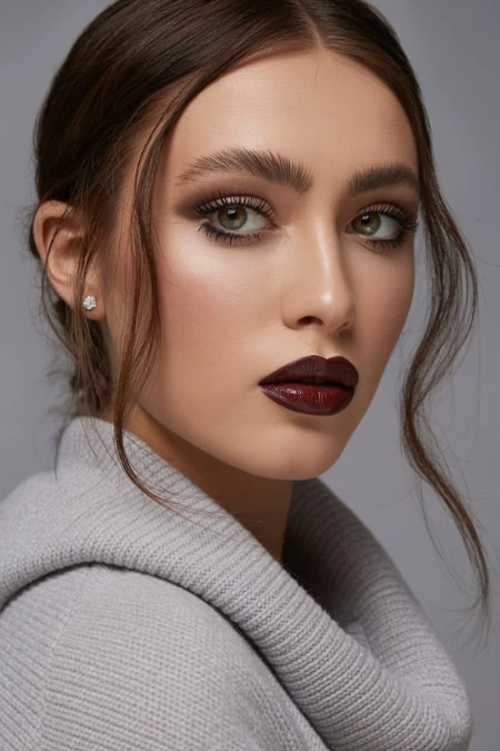 Glamorous woman with bold makeup, dark lipstick, and styled hair, close-up portrait for beauty and makeup showcase.
