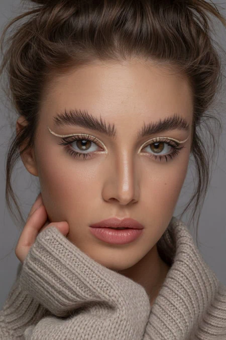 Stunning close-up portrait of a young woman with flawless skin, bold brows, and an elegant winter makeup look.