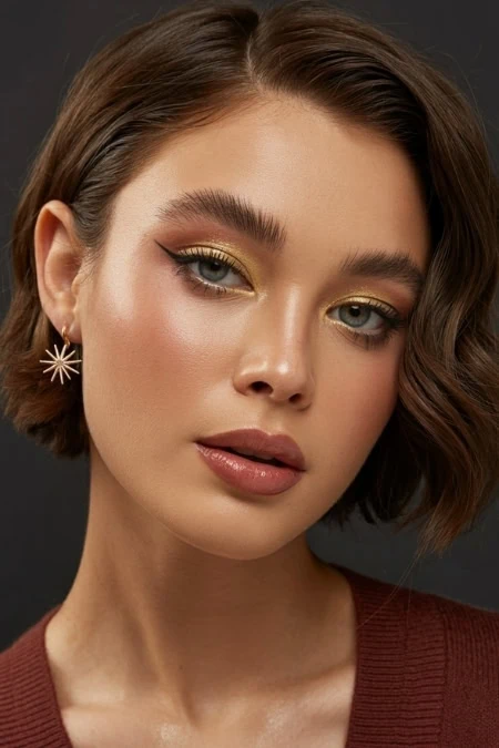 Striking woman with flawless makeup and golden eye shadow, showcasing a winter makeup look.