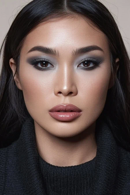 Vibrant portrait of a woman with flawless makeup, bold eyebrows, and glossy lips showcasing beauty and skincare concepts.