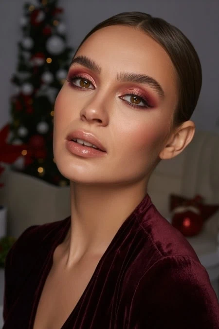 Beautiful woman with glamorous makeup, perfect skin, and elegant burgundy velvet outfit, holiday background with Christmas tree, holiday beauty, skincare, and winter makeup inspiration.