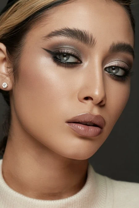 Beautiful woman with dramatic smoky eye makeup, glowing skin, and nude lips showcasing modern beauty and makeup artistry.