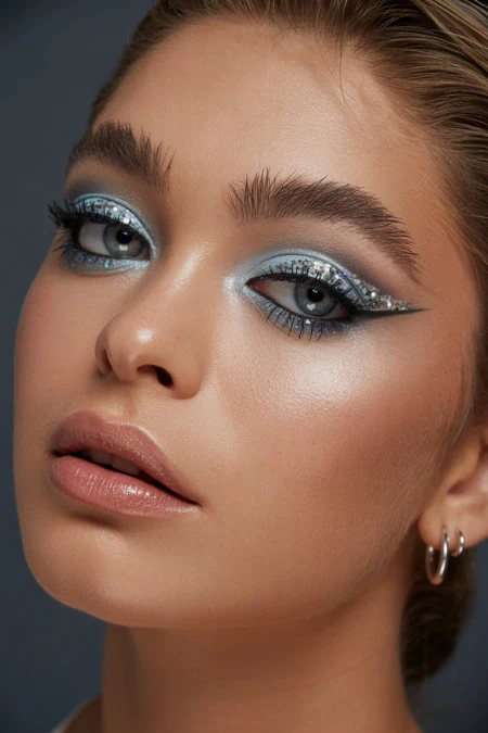 Bright blue and silver glitter eye makeup with winged eyeliner on a model with flawless skin and natural lips.
