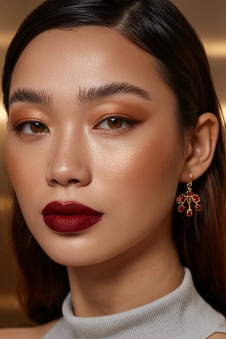 Elegant woman with flawless makeup, bold red lipstick, and gold earrings, showcasing beauty and skincare products from The Beauty Deep Life.
