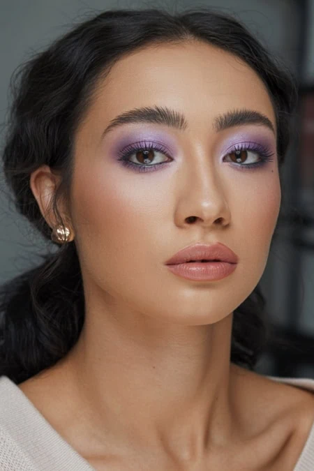 High-quality close-up portrait of a woman with flawless winter makeup, featuring purple eyeshadow, perfectly shaped eyebrows, and nude lips, showcasing beauty looks.