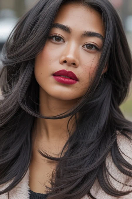 Vibrant portrait of a woman with long black hair, bold red lipstick, and flawless skin, emphasizing beauty, makeup, and skincare concepts for thebeautydeeplife.com.