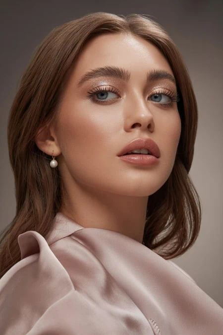 Stunning woman with flawless makeup, shimmering eye makeup, and pearl earrings, showcasing beauty, skincare, and elegance for The Beauty Deep Life.