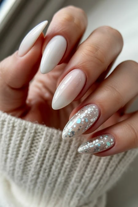 Elegant white almond-shaped winter nails with glitter accents and floral design, perfect for a sophisticated and stylish manicure.