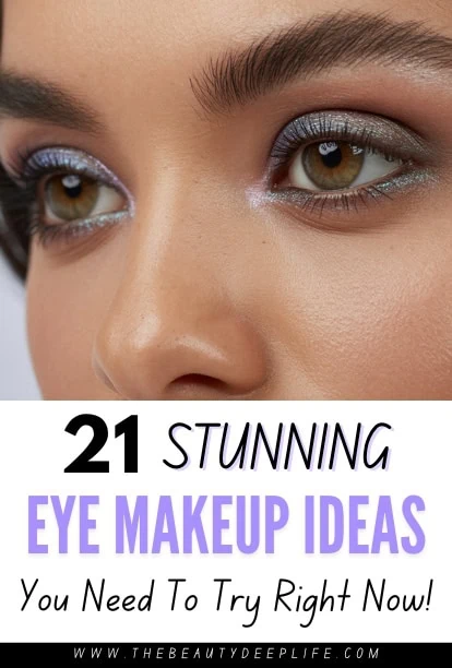 Bright eye makeup with shimmering silver eyeshadow, defined brows, and brown irises showcasing stunning eye makeup ideas for a captivating look.