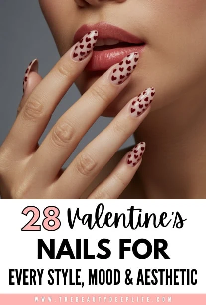 Pink and red heart-themed Valentine's Day nail art on well-manicured nails, with a close-up of a woman touching her lips, showcasing trendy nail designs for romantic occasions.