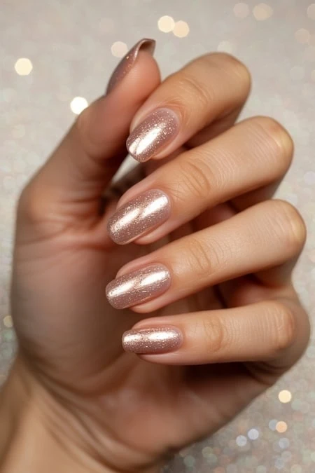 Shimmering nude gel manicure with glitter accents on elegant oval-shaped nails, perfect for beauty and nail art enthusiasts for new years.