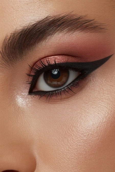 Bold eye makeup with winged eyeliner, pink eyeshadow, and defined eyebrows showcasing modern beauty trends, ideas, and techniques for stunning eye makeup looks.