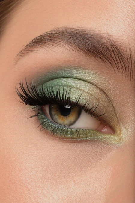Vibrant green eye makeup with long false eyelashes, close-up of feminine eye showcasing professional beauty and makeup artistry ideas, perfect for beauty blog or cosmetics website.