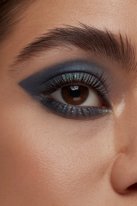 Vibrant blue makeup with dramatic eyeliner, shimmering eyeshadow, and false eyelashes, showcasing bold beauty look for modeling and makeup.