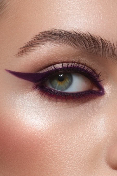 Vibrant purple winged eyeliner and eye makeup on a close-up woman's eye, showcasing bold beauty and makeup artistry for flawless eye look.