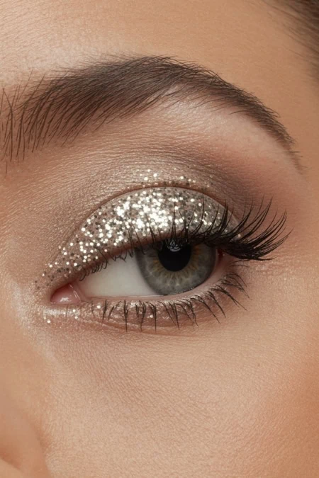 Shimmery silver makeup with glitter on the eyelid, long lashes, and well-groomed eyebrows.