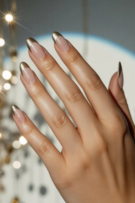 Elegant nude and gold glitter manicure with almond-shaped nails, perfect for holiday or special occasions like new years. Well-groomed hands showcasing stylish nail art and professional nail care.