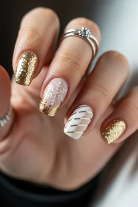 Elegant holiday nail art with gold glitter, snowflake design, and gold accents on manicured nails for festive beauty and style.