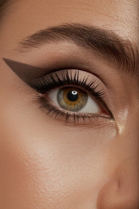 Striking eye makeup with bold black winged eyeliner and natural eye shadow, close-up of a well-groomed eyebrow and glowing skin for beauty and makeup ideas.