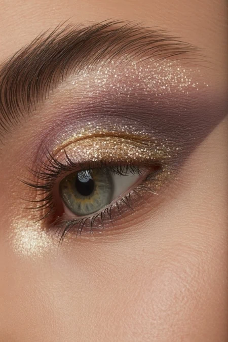 Sparkly gold and purple makeup close-up, featuring glitter accents, long lashes, and well-defined eyebrows, perfect for festive or glamorous looks.
