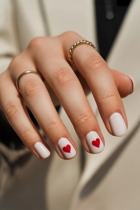 Elegant manicure with white polish and red heart accents on the ring and middle finger, featuring gold rings on middle and ring fingers, showcasing stylish nail art and nail care.