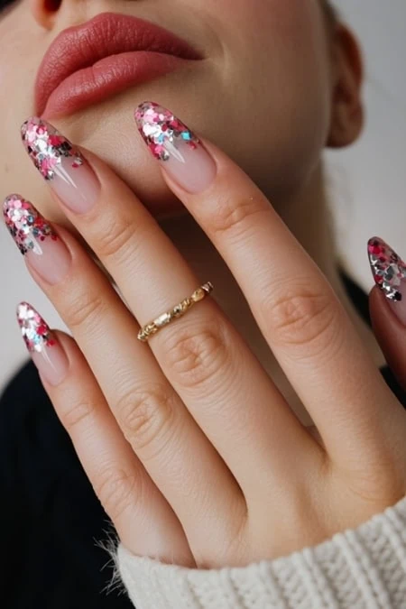 Brightly decorated manicure with pink, white, and silver glitter nails, showcasing trendy nail art and well-groomed nails for a stylish, modern new years look.