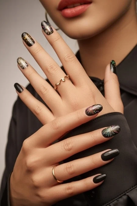 Elegant manicure with colorful fireworks nail art, gold accents, and black polish, showcasing trendy nail design and well-groomed hands for beauty and new years inspiration.