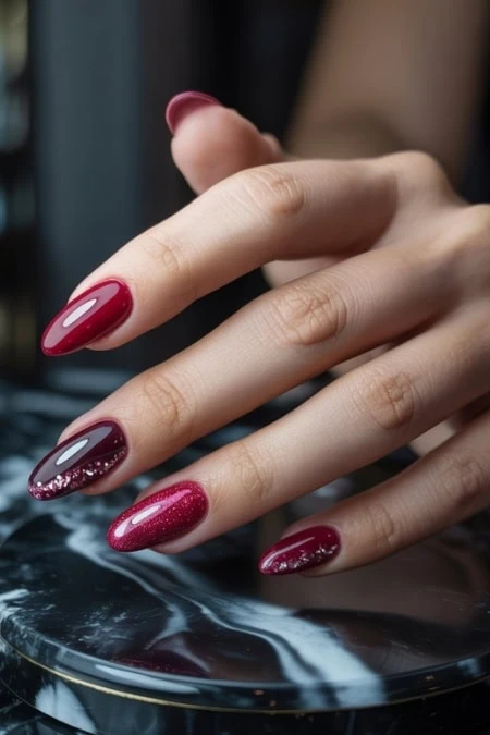 Elegant red and glittery nail polish manicure demonstrating beauty and self-care, perfect for enhancing your overall look and confidence on new years.