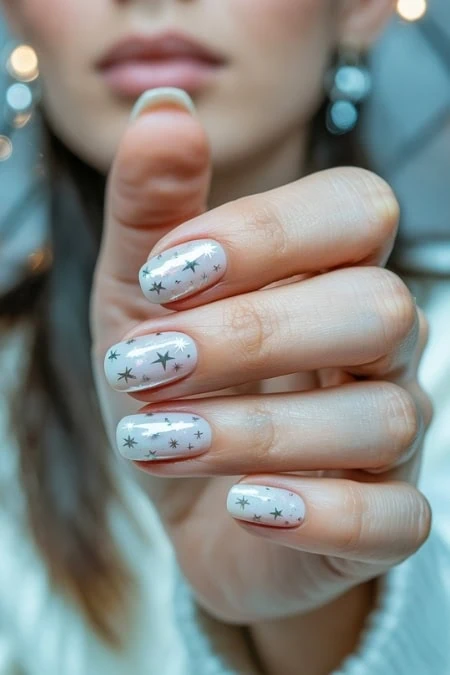 Shimmering white nail polish with silver star designs on manicured nails, close-up, showcasing festive holiday nail art perfect for winter beauty and skincare routines.