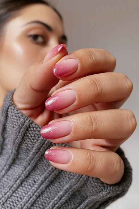 Delicate pink ombre gel nails with subtle sparkles showcasing elegant manicured hand at The Beauty Deep Life.