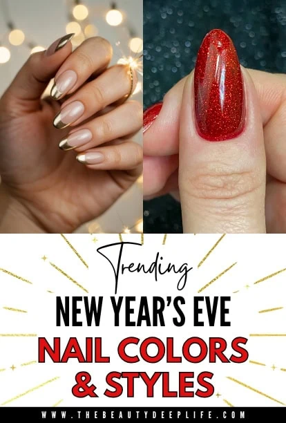 Elegant nude and gold manicured nails with a glowing background, featuring trendy new years eve nail designs and styles.