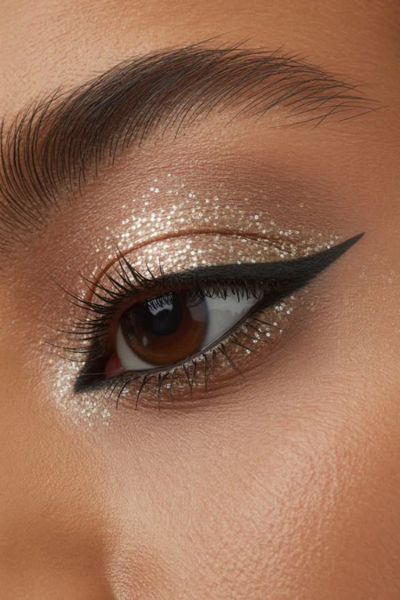 Bright eyeshadow with glitter and precise black eyeliner on a woman's eye, emphasizing beauty styling for a stunning look.