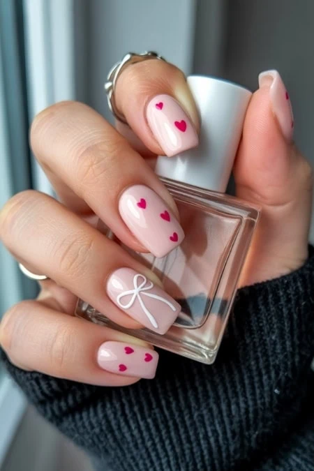 Beautiful manicured nails with pink heart designs and a white bow accent, holding a perfume bottle, showcasing elegant nail art and beauty aesthetics.