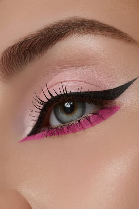 Vibrant pink and classic black winged eyeliner makeup look on blue eye, with well-groomed eyebrows, perfect for beauty and makeup tutorials, from The Beauty Deep Life.