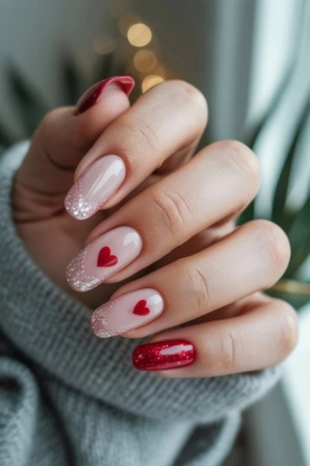 Beautiful Valentine's Day nail art with red and glitter accents, featuring heart details on a natural nude base. Perfect for showcasing elegant manicure styles and nail design trends.