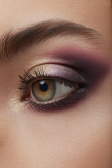 Beautiful eye makeup featuring shimmering pink and purple eyeshadow, long eyelashes, and well-groomed eyebrow, perfect for beauty and cosmetic enthusiasts seeking flawless eye beauty tips.