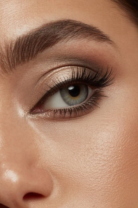 Close-up of a woman's eye showcasing flawless makeup, including perfectly shaped eyebrows, eyeshadow, and long lashes. Ideal for beauty, makeup tutorials, and eye makeup techniques.