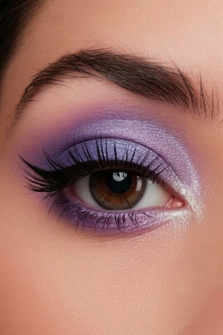 Bright purple eyeshadow with winged eyeliner and long false eyelashes, creating a striking and glamorous eye makeup look. Perfect for beauty, makeup tutorials, and beauty enhancement photos.
