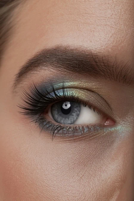 Close-up of a woman's eye with colorful eye makeup, long lashes, and blue iris, highlighting beauty and makeup artistry for skincare, cosmetics, and eye beauty tips.