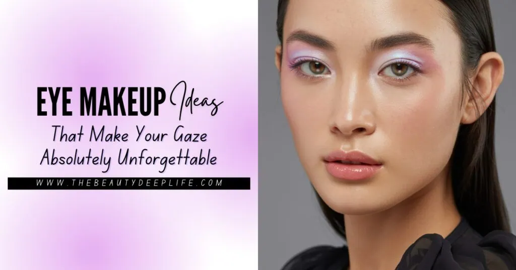 Bright eye makeup look with pastel purple eyeshadow, glossy lips, and flawless skin, perfect for enhancing gaze and creating a stunning, unforgettable appearance for beauty and makeup enthusiasts.