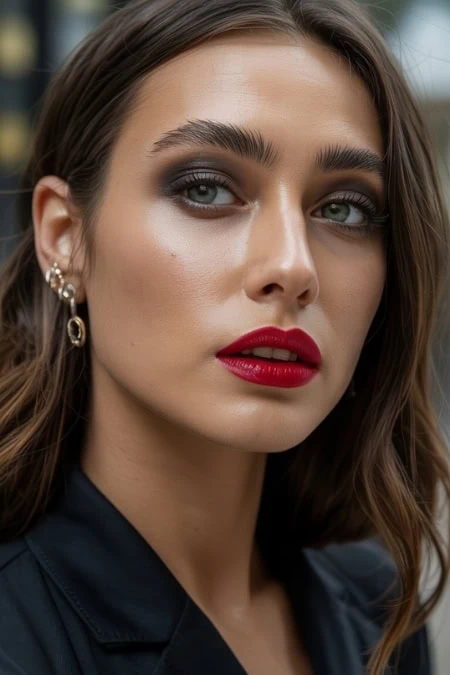 Striking beauty with flawless makeup, bold red lips, smoky eyes, and elegant earrings, showcasing high-end fashion and sultry glamour makeup looks,