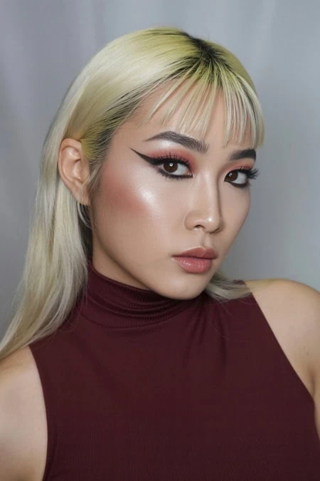 Blonde woman with bold winged eyeliner and flawless sultry makeup portrait, beauty, skincare, makeup looks, fashion skincare, The Beauty Deep Life, beauty influencer, modern beauty style, trendy makeup, glamour photography.