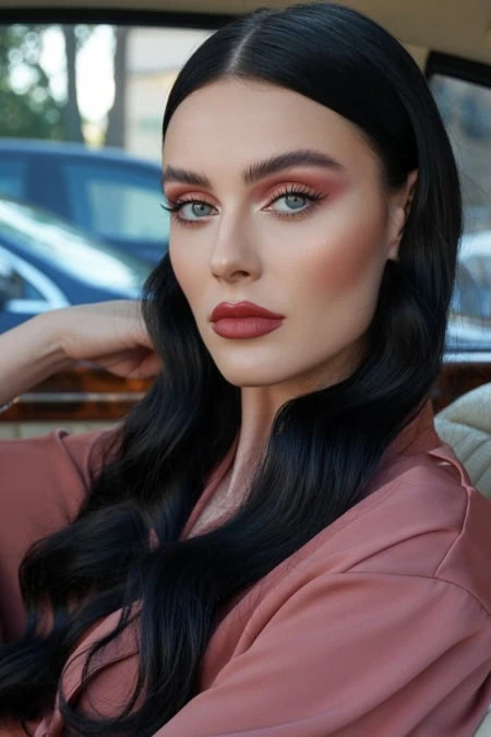 Striking woman with flawless sultry makeup, deep black wavy hair, and piercing blue eyes sitting in a luxury car, showcasing beauty looks.