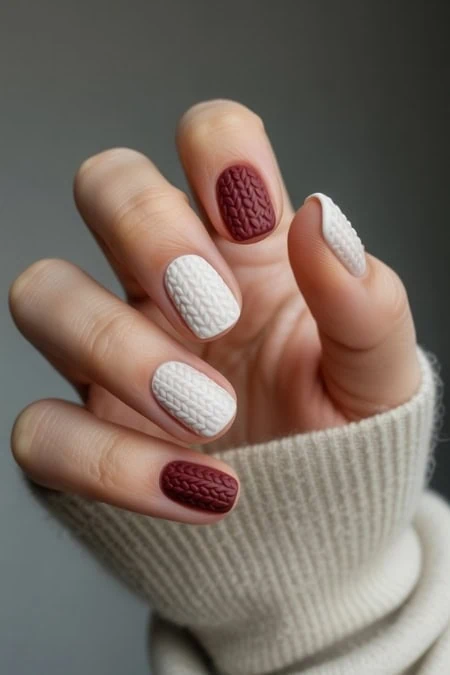Red and white textured knit pattern nail art on manicured nails, stylish winter manicure, cozy sweater sleeve, elegant nail design, fashionable beauty trends, The Beauty Deep Life.