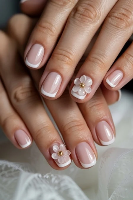 Elegant nude gel nails with white French tips and 3D floral accent nails, perfect for wedding or special occasion manicures. Beautiful, modern, and stylish nail art for a sophisticated look.