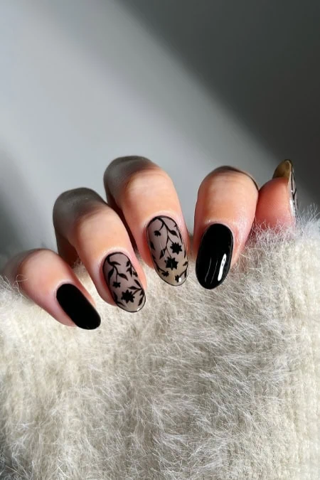 Black and floral nail art design on manicured nails, featuring matte and glossy finishes, perfect for beauty and fashion enthusiasts seeking stylish manicure inspiration.