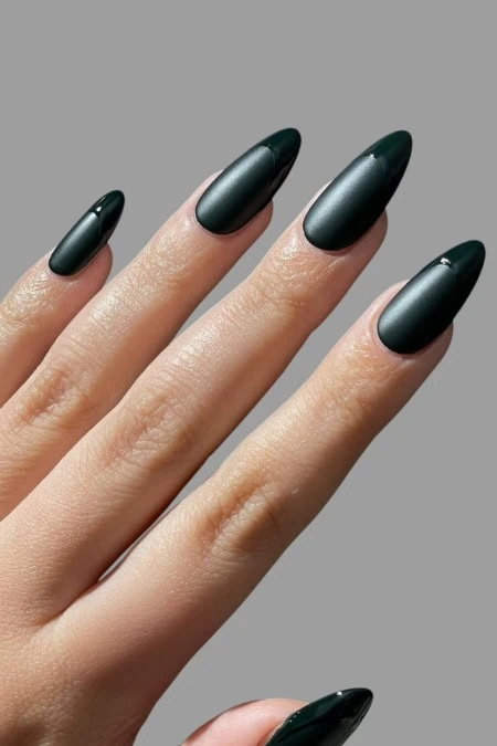 Dark green matte long coffin acrylic nail design on manicured hand, stylish and elegant nail art for women, professional manicure, beauty and fashion accessories.