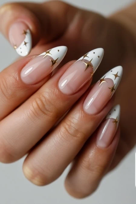 Elegant nude and white star-studded nail art design with glossy finish, perfect for beauty and manicure enthusiasts.
